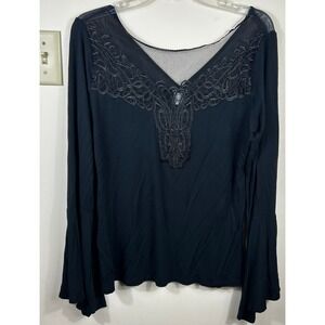 Black Mesh Embroidered V Neck Top Fairy Grunge Women's L Bell Sleeve Sheer Goth